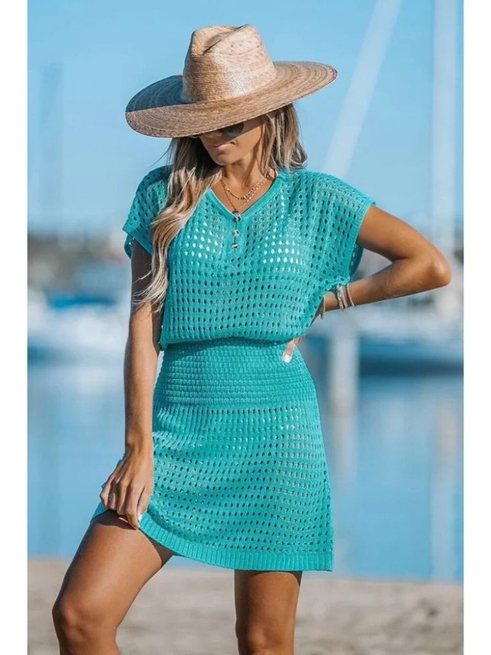 Cupshe Womens XL (16-18) Storyteller Teal Cutout V-Neck Cover-up Dress NWOT